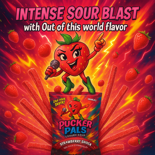 Pucker Pals Strawberry Shock Sour Candy Strips - 3.5oz Bag - Naturally Flavored, Low Sugar - Vegan - SCARLET Brings the Berry Heat
