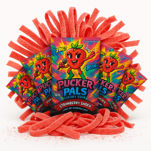 Pucker Pals Strawberry Shock Sour Candy Strips - 3.5oz Bag - Naturally Flavored, Low Sugar - Vegan - SCARLET Brings the Berry Heat