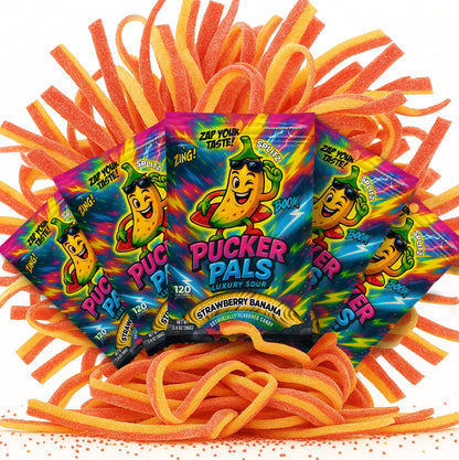 Pucker Pals Sour Gummy Strips – Strawberry Banana Flavor, Extreme Sour Candy & Belts, Bold Two‑Tone Gummy Candy Treat for Kids & Adults