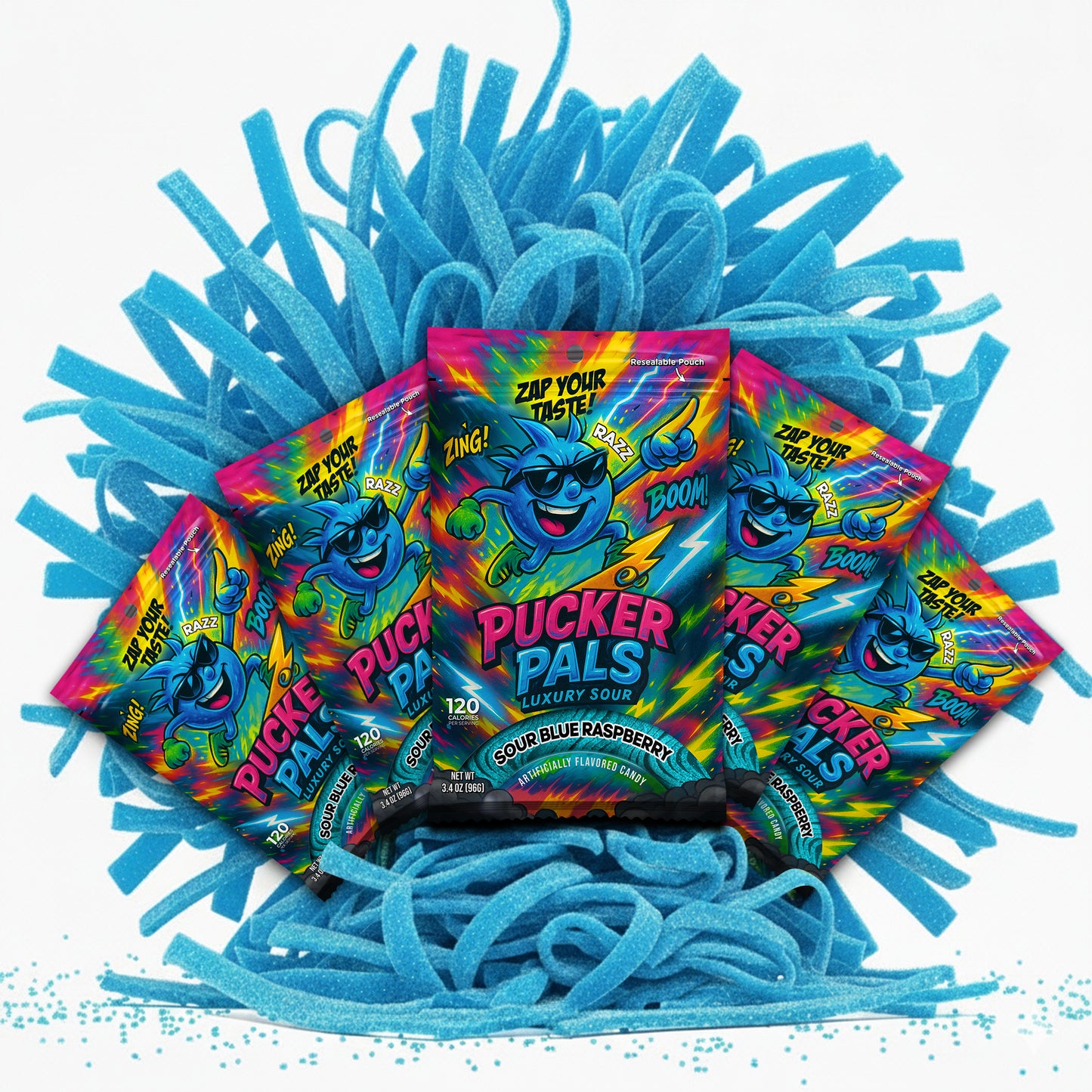 Pucker Pals Blue Raspberry Sour Candy – Extreme Sour Strips, Chewy Gummy Worms Style Gummies, Fun Bold Treats for Kids, Boys, Girls, Teens & Adults, Halloween & Stocking Stuffers