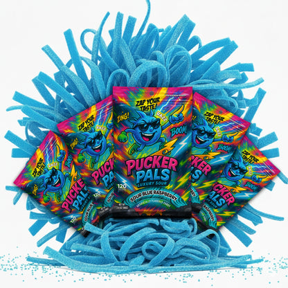 Pucker Pals Blue Raspberry Sour Candy – Extreme Sour Strips, Chewy Gummy Worms Style Gummies, Fun Bold Treats for Kids, Boys, Girls, Teens & Adults, Halloween & Stocking Stuffers
