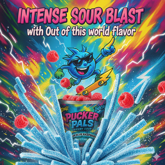 Pucker Pals Blue Raspberry Sour Candy – Extreme Sour Strips, Chewy Gummy Worms Style Gummies, Fun Bold Treats for Kids, Boys, Girls, Teens & Adults, Halloween & Stocking Stuffers