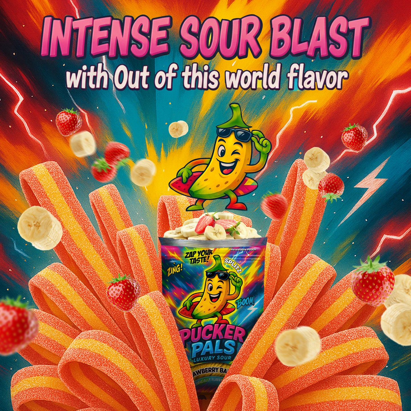 Pucker Pals Sour Gummy Strips – Strawberry Banana Flavor, Extreme Sour Candy & Belts, Bold Two‑Tone Gummy Candy Treat for Kids & Adults