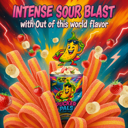 Pucker Pals Sour Gummy Strips – Strawberry Banana Flavor, Extreme Sour Candy & Belts, Bold Two‑Tone Gummy Candy Treat for Kids & Adults