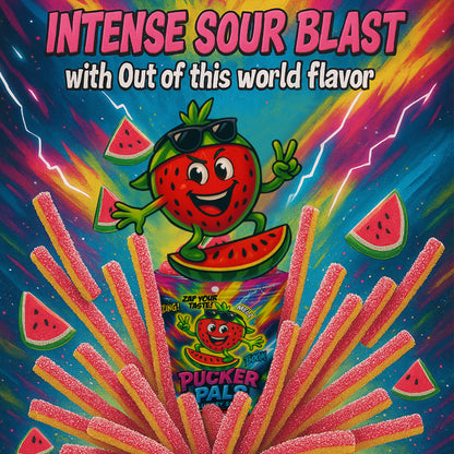 Pucker Pals Watermelon Sour Candy Strips - 3.5oz Bag - Naturally Flavored, No Artificial Colors - Low Sugar - Vegan - MELZ Packs Juicy Sour Punch