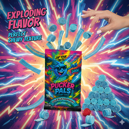 Pucker Pals Blue Raspberry Sour Candy – Extreme Sour Strips, Chewy Gummy Worms Style Gummies, Fun Bold Treats for Kids, Boys, Girls, Teens & Adults, Halloween & Stocking Stuffers