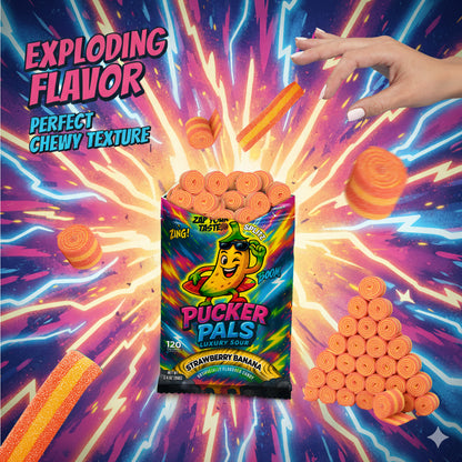 Pucker Pals Sour Gummy Strips – Strawberry Banana Flavor, Extreme Sour Candy & Belts, Bold Two‑Tone Gummy Candy Treat for Kids & Adults