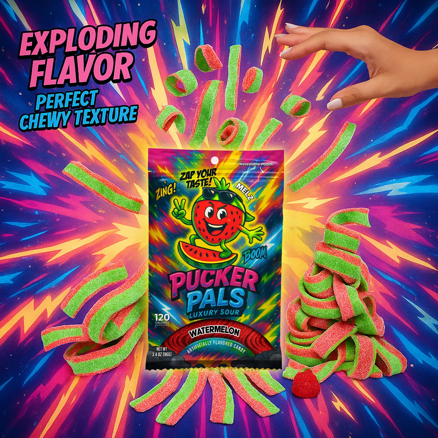 Pucker Pals Watermelon Sour Candy Strips - 3.5oz Bag - Naturally Flavored, No Artificial Colors - Low Sugar - Vegan - MELZ Packs Juicy Sour Punch