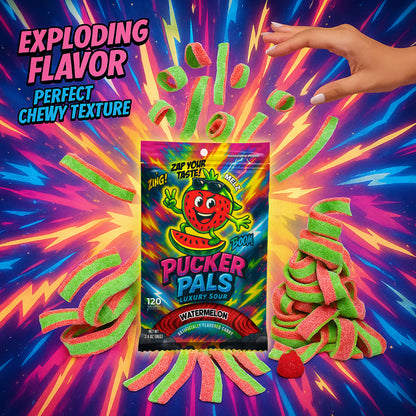 Pucker Pals Watermelon Sour Candy Strips - 3.5oz Bag - Naturally Flavored, No Artificial Colors - Low Sugar - Vegan - MELZ Packs Juicy Sour Punch