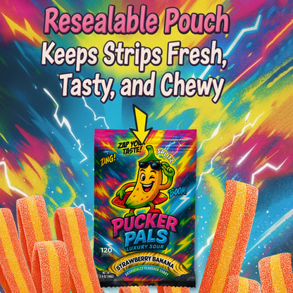 Pucker Pals Sour Gummy Strips – Strawberry Banana Flavor, Extreme Sour Candy & Belts, Bold Two‑Tone Gummy Candy Treat for Kids & Adults