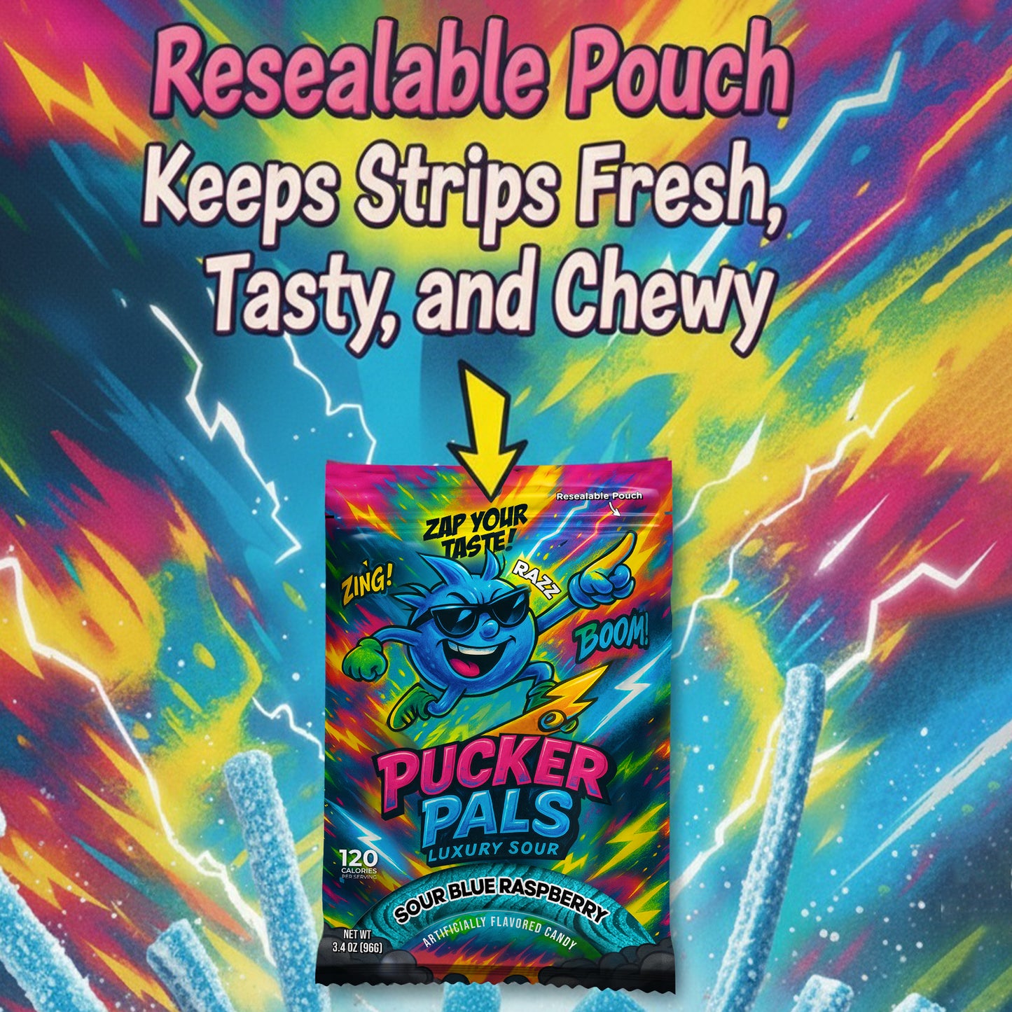 Pucker Pals Blue Raspberry Sour Candy – Extreme Sour Strips, Chewy Gummy Worms Style Gummies, Fun Bold Treats for Kids, Boys, Girls, Teens & Adults, Halloween & Stocking Stuffers