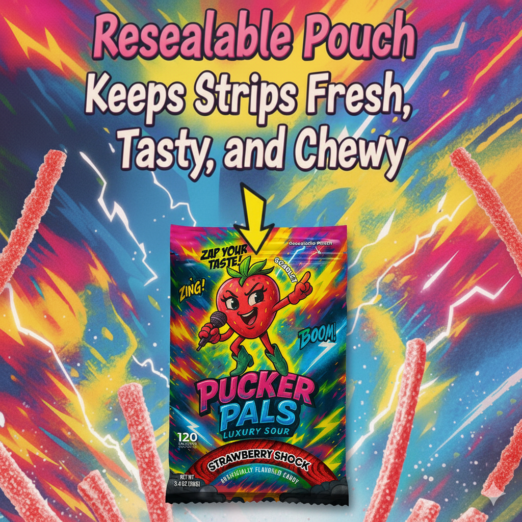 Pucker Pals Strawberry Shock Sour Candy Strips - 3.5oz Bag - Naturally Flavored, Low Sugar - Vegan - SCARLET Brings the Berry Heat