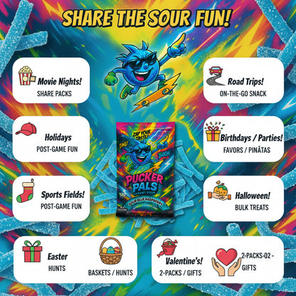 Pucker Pals Blue Raspberry Sour Candy – Extreme Sour Strips, Chewy Gummy Worms Style Gummies, Fun Bold Treats for Kids, Boys, Girls, Teens & Adults, Halloween & Stocking Stuffers