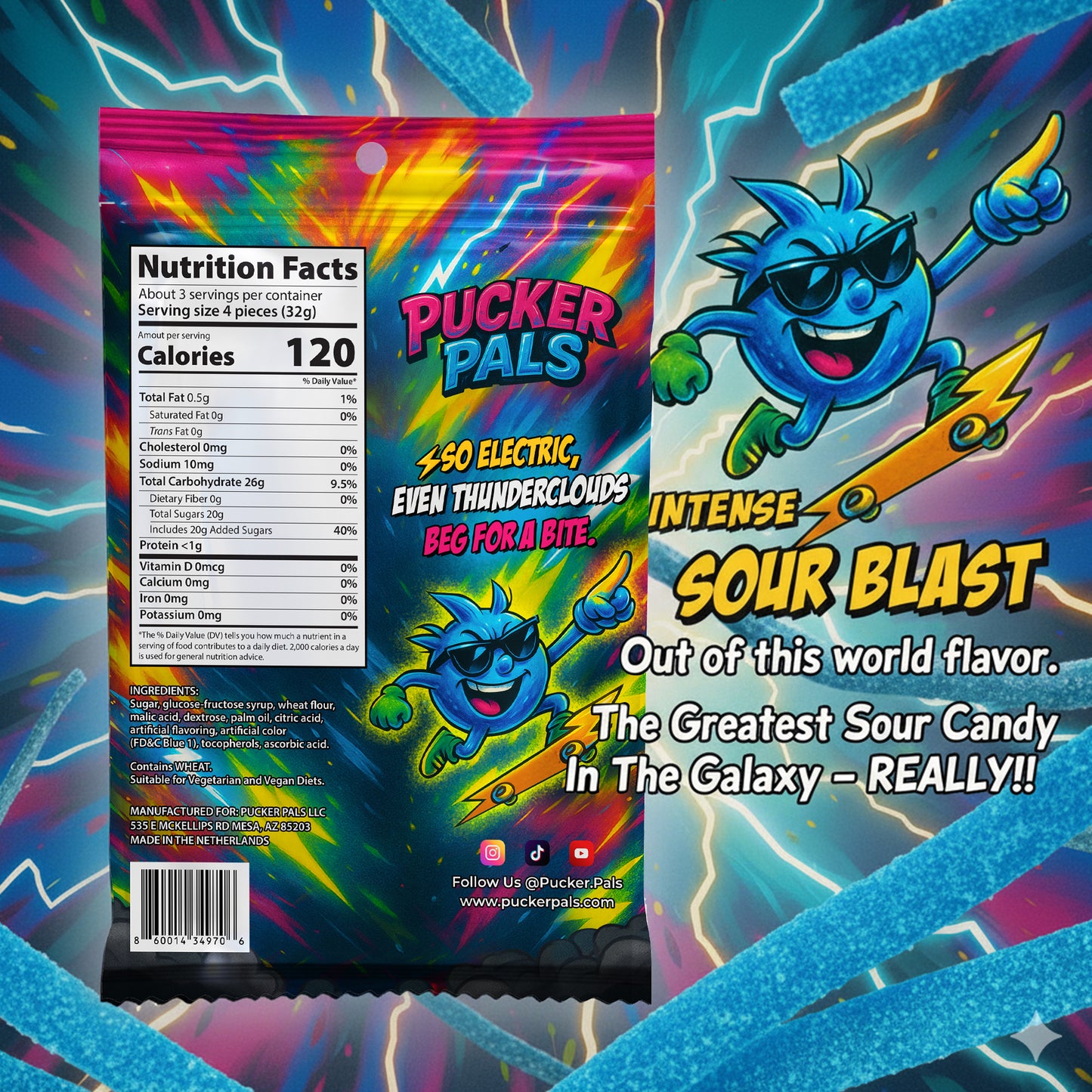 Pucker Pals Blue Raspberry Sour Candy – Extreme Sour Strips, Chewy Gummy Worms Style Gummies, Fun Bold Treats for Kids, Boys, Girls, Teens & Adults, Halloween & Stocking Stuffers