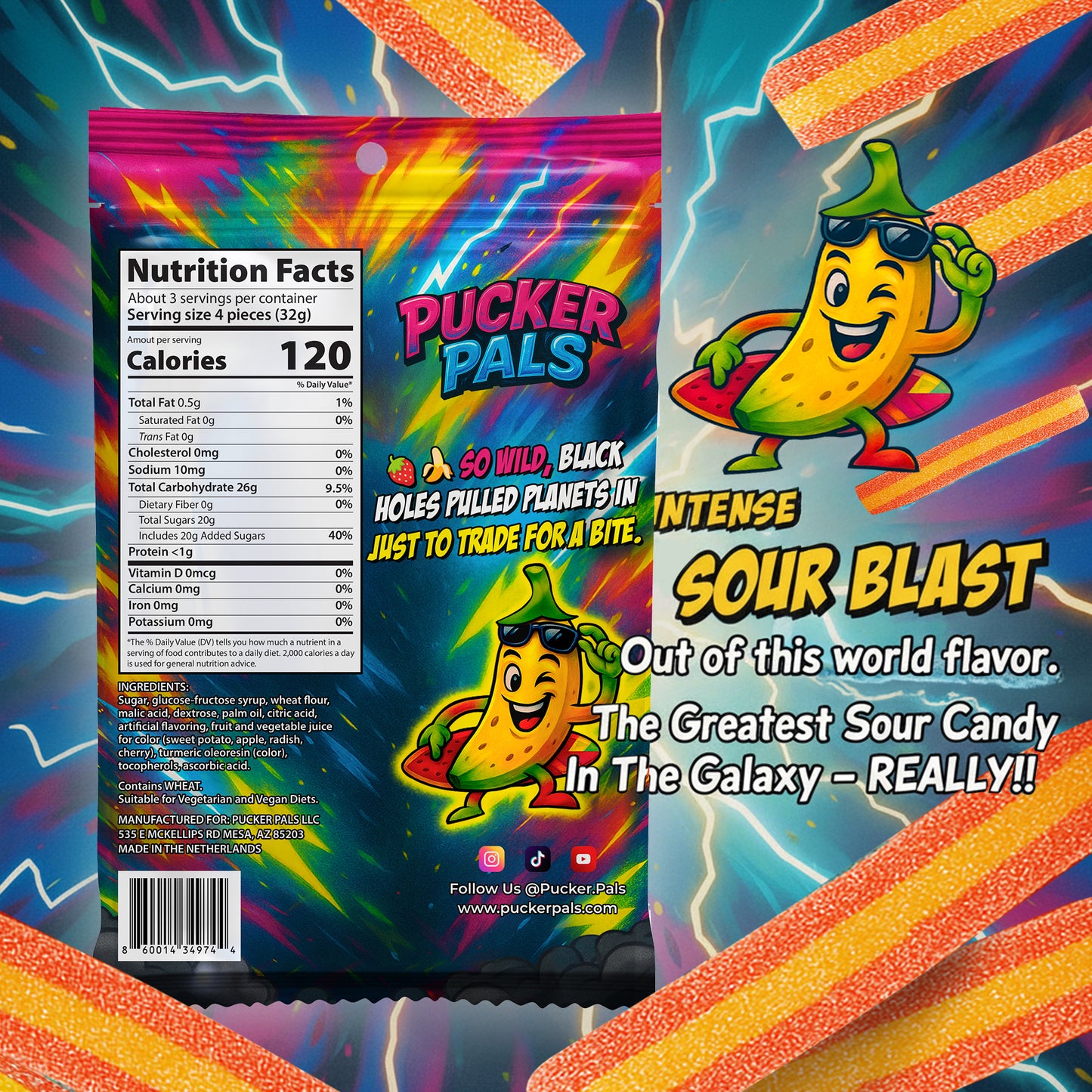 Pucker Pals Sour Gummy Strips – Strawberry Banana Flavor, Extreme Sour Candy & Belts, Bold Two‑Tone Gummy Candy Treat for Kids & Adults