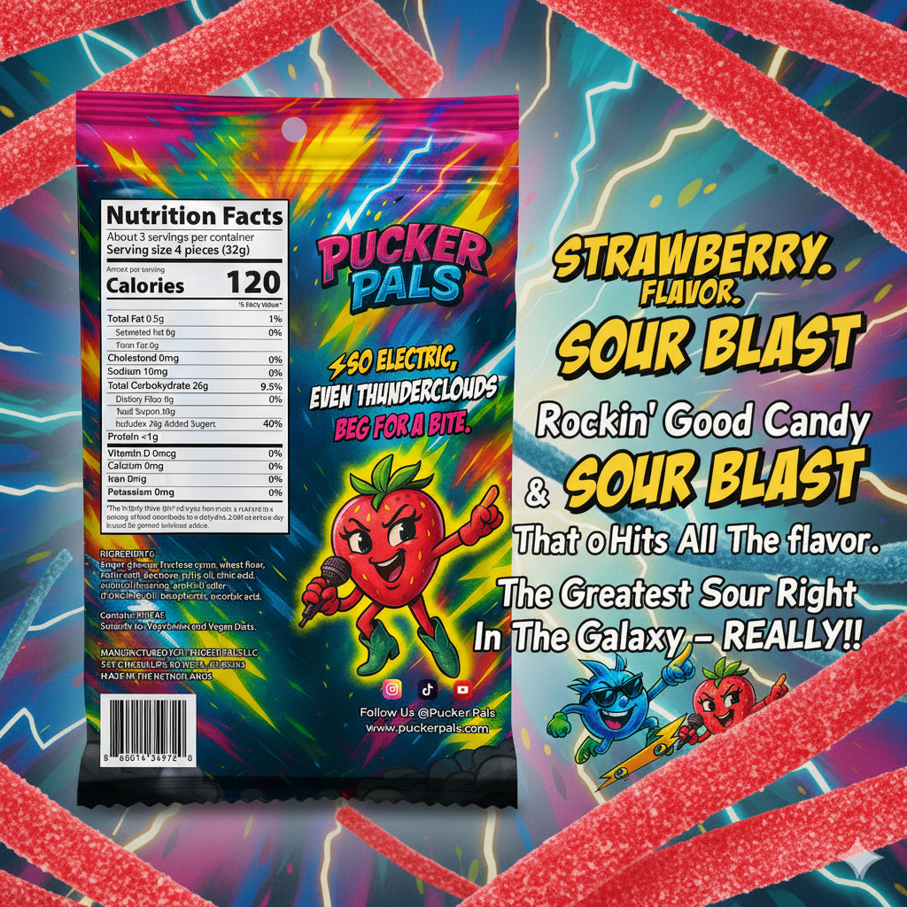 Pucker Pals Strawberry Shock Sour Candy Strips - 3.5oz Bag - Naturally Flavored, Low Sugar - Vegan - SCARLET Brings the Berry Heat