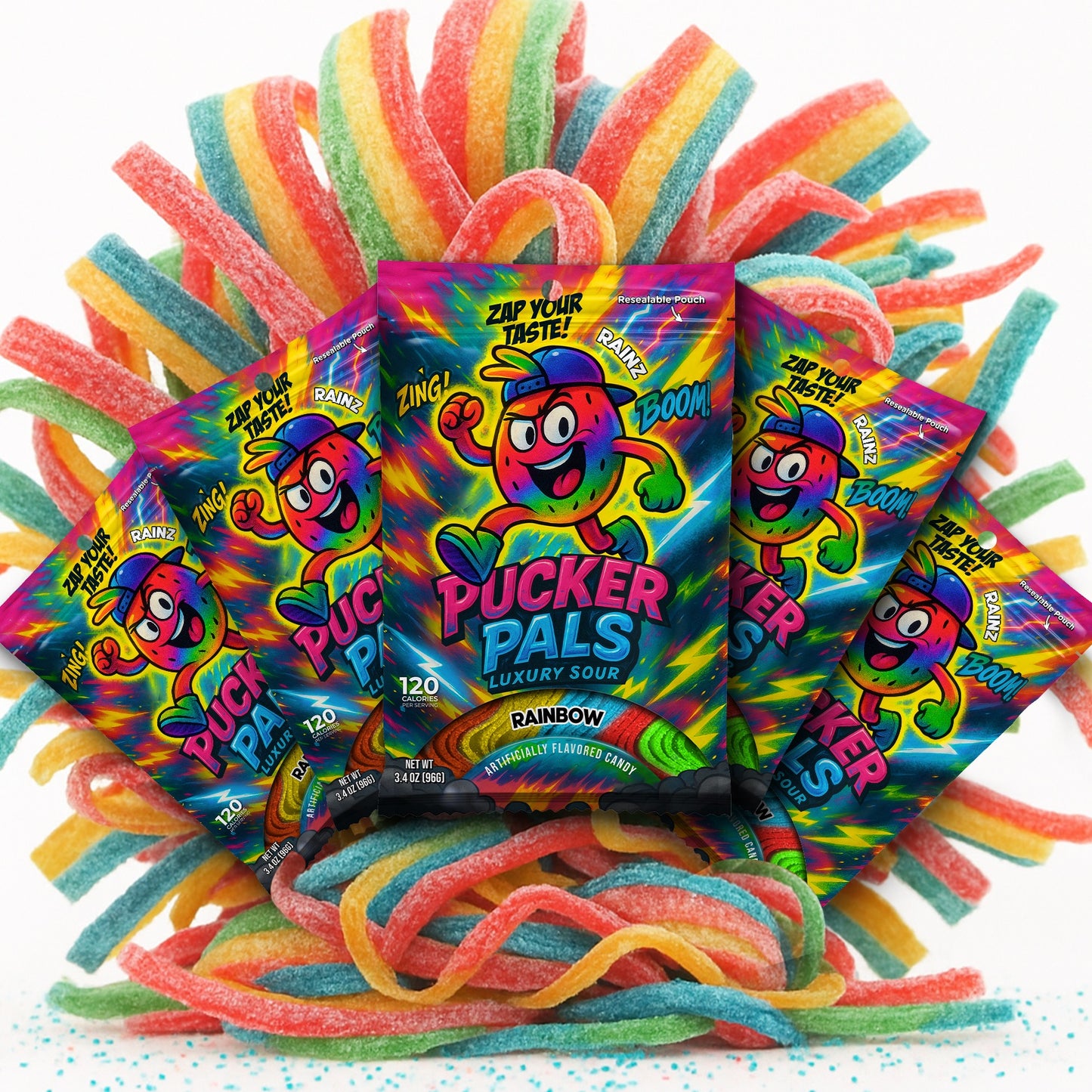 Pucker Pals Rainbow Sour Candy Strips - 3.5oz Bag - Wild Mixed Fruit Flavor - Naturally Flavored & Colored - Low Sugar - Resealable Bag - Vegan - Featuring RAINZ