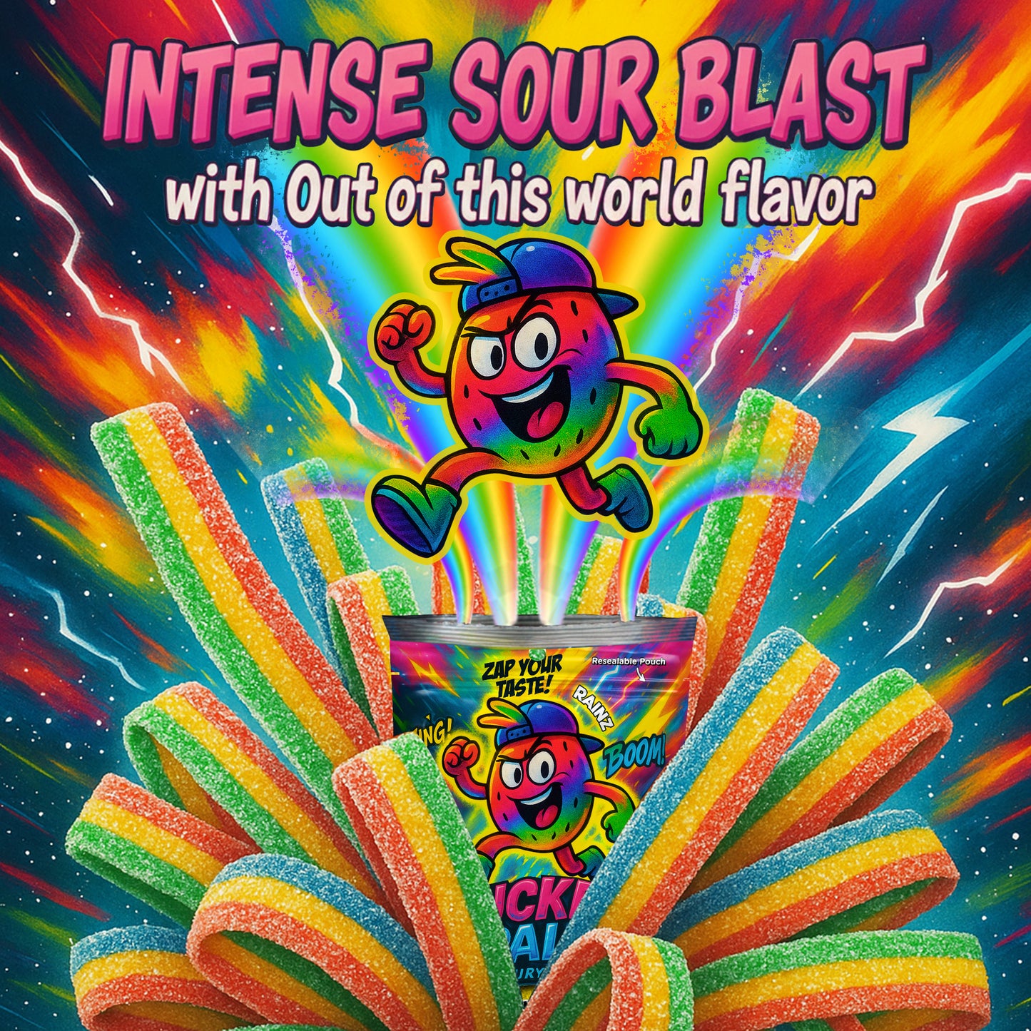 Pucker Pals Rainbow Sour Candy Strips - 3.5oz Bag - Wild Mixed Fruit Flavor - Naturally Flavored & Colored - Low Sugar - Resealable Bag - Vegan - Featuring RAINZ