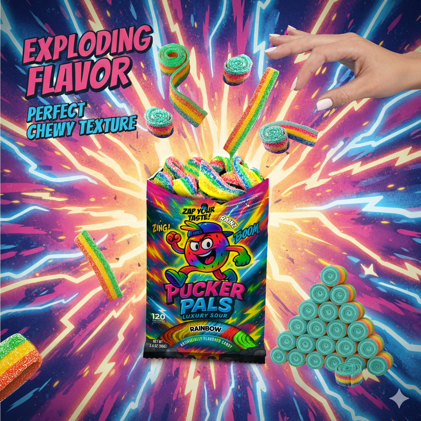 Pucker Pals Rainbow Sour Candy Strips - 3.5oz Bag - Wild Mixed Fruit Flavor - Naturally Flavored & Colored - Low Sugar - Resealable Bag - Vegan - Featuring RAINZ