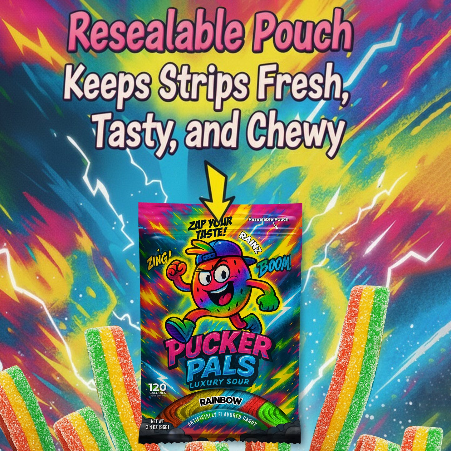 Pucker Pals Rainbow Sour Candy Strips - 3.5oz Bag - Wild Mixed Fruit Flavor - Naturally Flavored & Colored - Low Sugar - Resealable Bag - Vegan - Featuring RAINZ