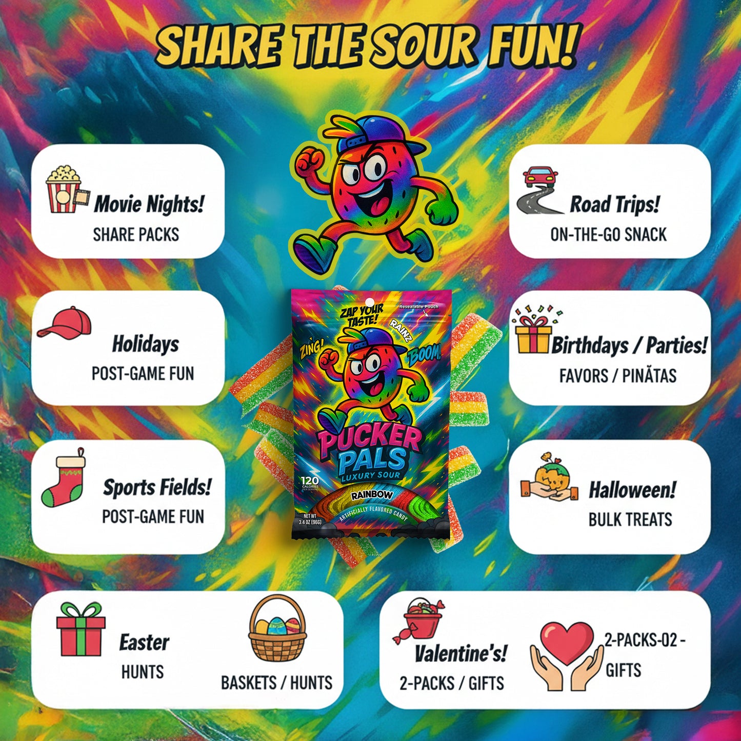 Pucker Pals Rainbow Sour Candy Strips - 3.5oz Bag - Wild Mixed Fruit Flavor - Naturally Flavored & Colored - Low Sugar - Resealable Bag - Vegan - Featuring RAINZ