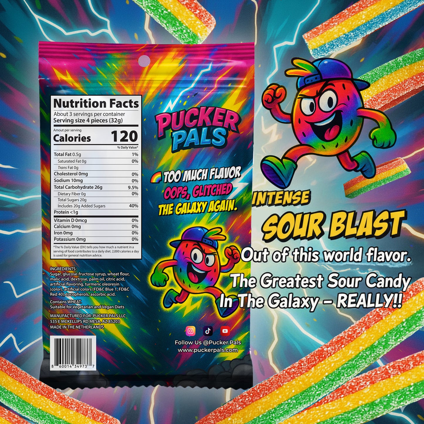 Pucker Pals Rainbow Sour Candy Strips - 3.5oz Bag - Wild Mixed Fruit Flavor - Naturally Flavored & Colored - Low Sugar - Resealable Bag - Vegan - Featuring RAINZ