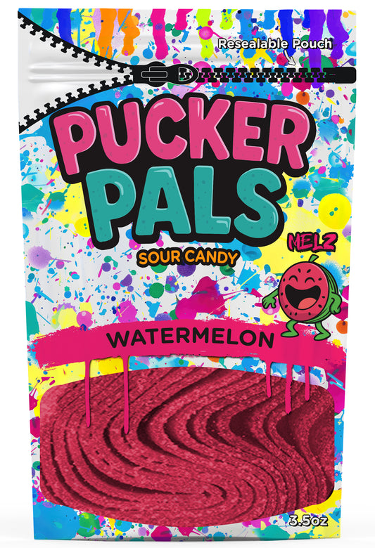 Pucker Pals Watermelon Sour Candy Strips - 3.5oz Bag - Naturally Flavored, No Artificial Colors - Low Sugar - Vegan - MELZ Packs Juicy Sour Punch