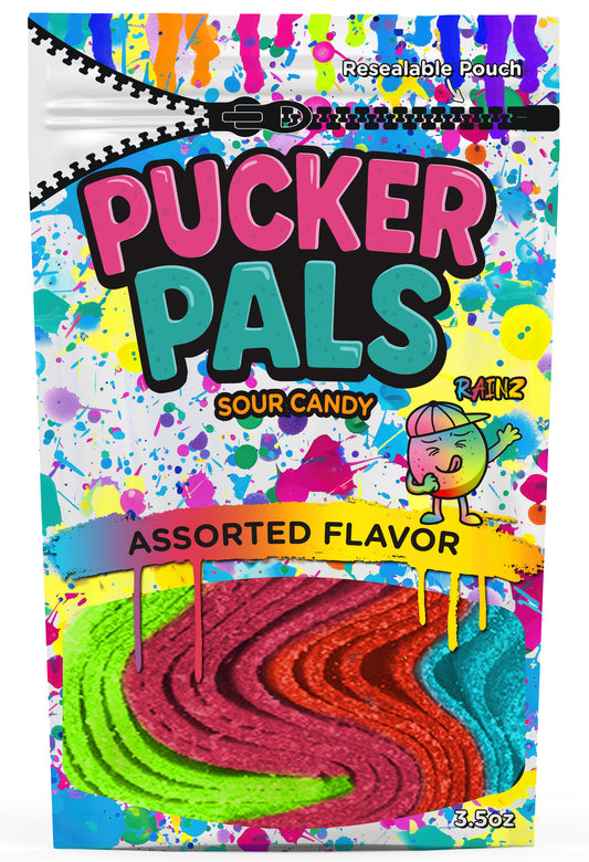 Pucker Pals Rainbow Sour Candy Strips - 3.5oz Bag - Wild Mixed Fruit Flavor - Naturally Flavored & Colored - Low Sugar - Resealable Bag - Vegan - Featuring RAINZ