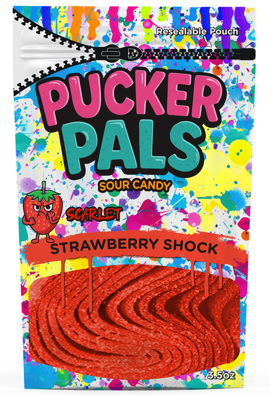 Pucker Pals Strawberry Shock Sour Candy Strips - 3.5oz Bag - Naturally Flavored, Low Sugar - Vegan - SCARLET Brings the Berry Heat