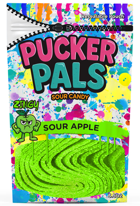 Pucker Pals Sour Apple Candy Strips - 3.5oz Bag - Naturally Flavored, Low Sugar, Vegan - Green Apple Power from ZINGY - Resealable Pouch