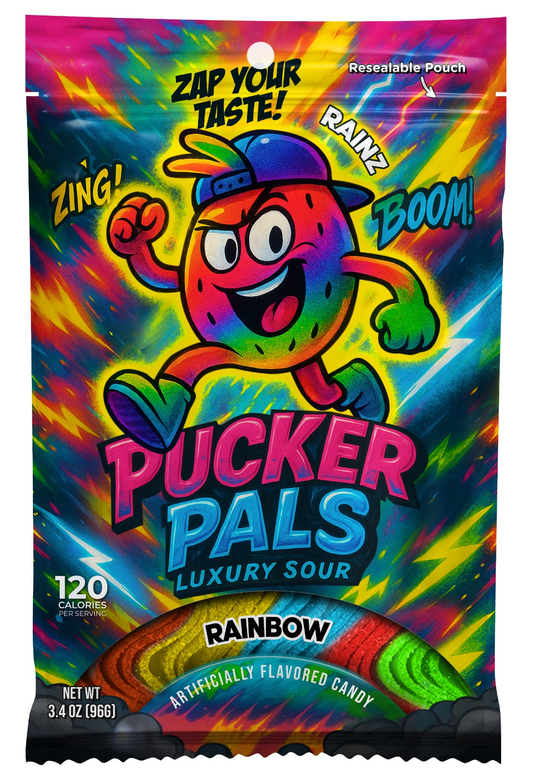 Pucker Pals Rainbow Sour Candy – Extreme Sour Packed With Flavor Strips, 4 Flavors In 1 Strip Chewy Gummies. Gummy Worms Style Fun Treats for Kids Boys Girls Teens Adults Halloween & Stocking Stuffers