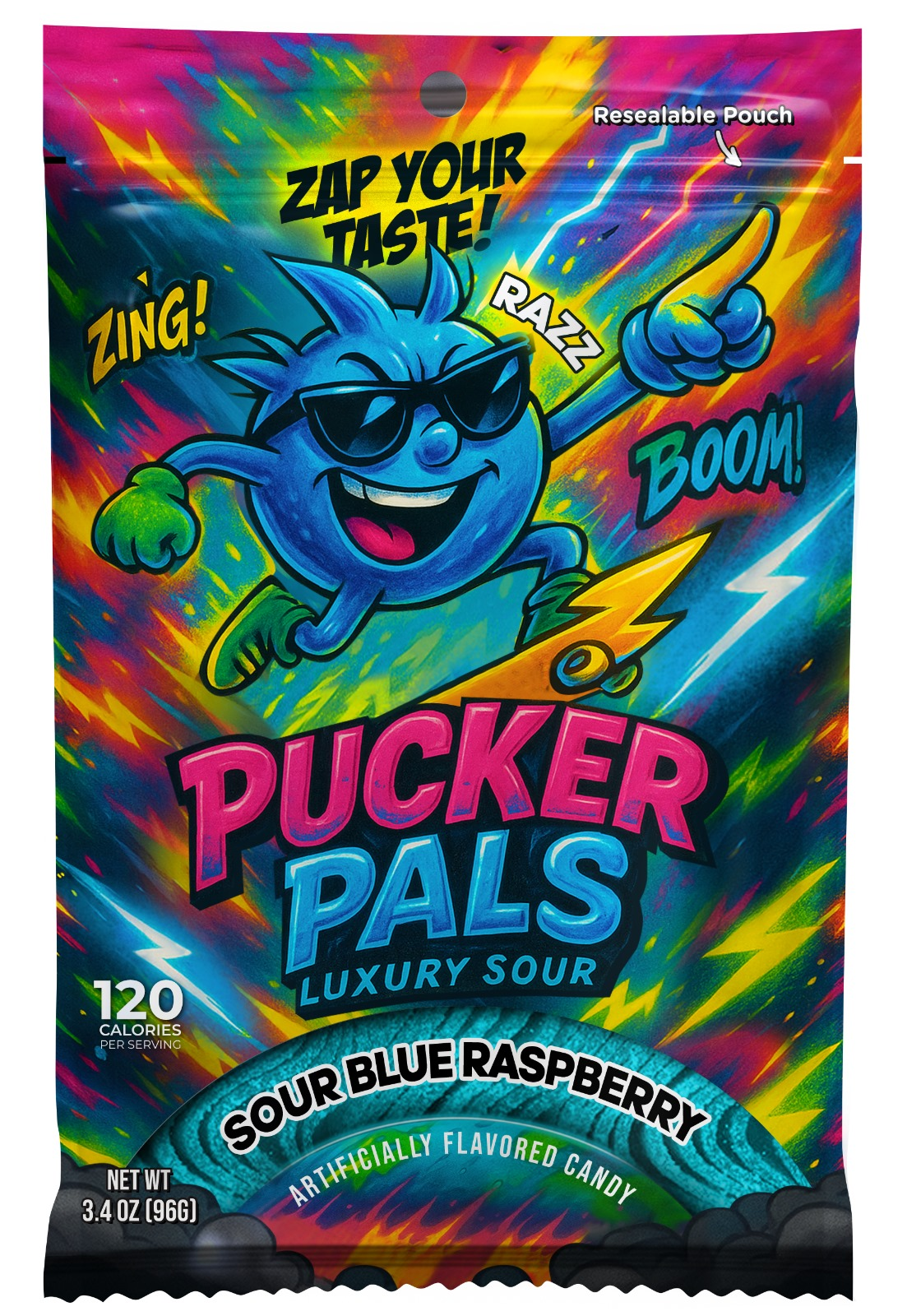 Blue Raspberry Pucker Pals Blue Raspberry Sour Candy – Extreme Sour Strips, Chewy Gummy Worms Style Gummies, Fun Bold Treats for Kids, Boys, Girls, Teens & Adults, Halloween & Stocking Stuffers