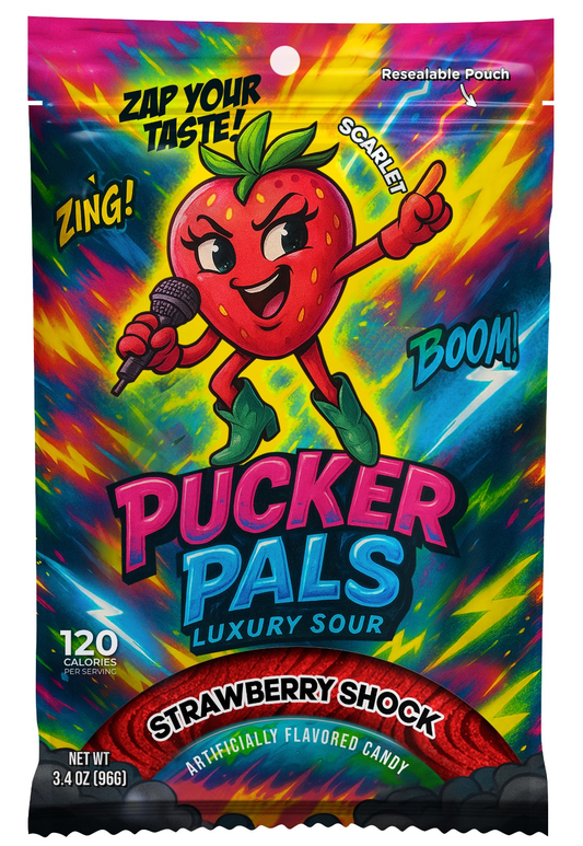 Pucker Pals Gummy Candy – Strawberry Flavor, Extreme Sour  Strips & Belts, Bold Treat for Kids & Adults