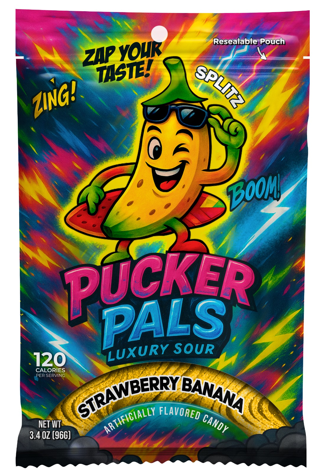 Pucker Pals Strawberry Banana Sour Candy – Extreme Sour Strips, Chewy Gummy Candy & Sour Gummies, Gummy Worms Style Bold Fun Treats for Kids, Boys, Girls, Teens & Adults, Halloween & Stocking Stuffers