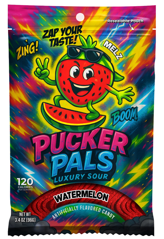 Pucker Pals Watermelon Sour Belts Candy – Extreme Sour Strips, Chewy Gummy & Sour Gummies, Worms, And Straws Style Juicy Bold Treats for Kids, Boys, Girls, Teens & Adults, Stocking Stuffers